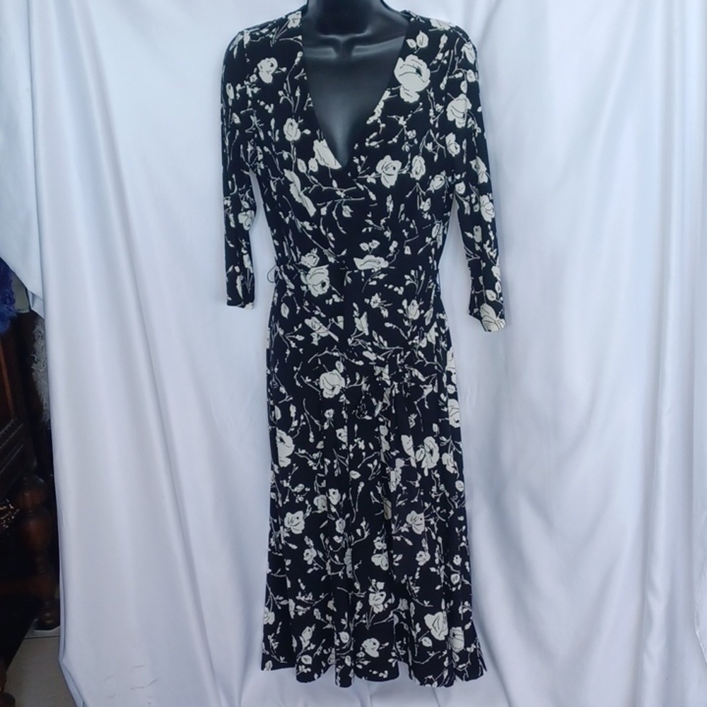 Lauren Ralph Lauren Dress Womens M crossover Draped Ruched 3/4 Sleeve V-Neck